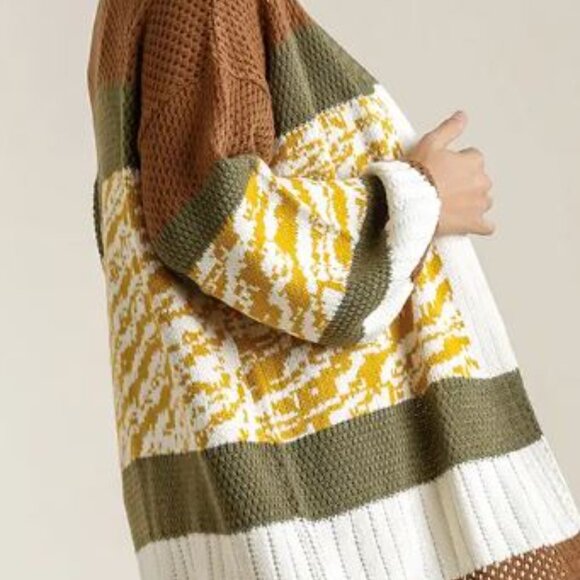 Colorblock open front cardigan brown and olive plus size - Picture 3 of 6